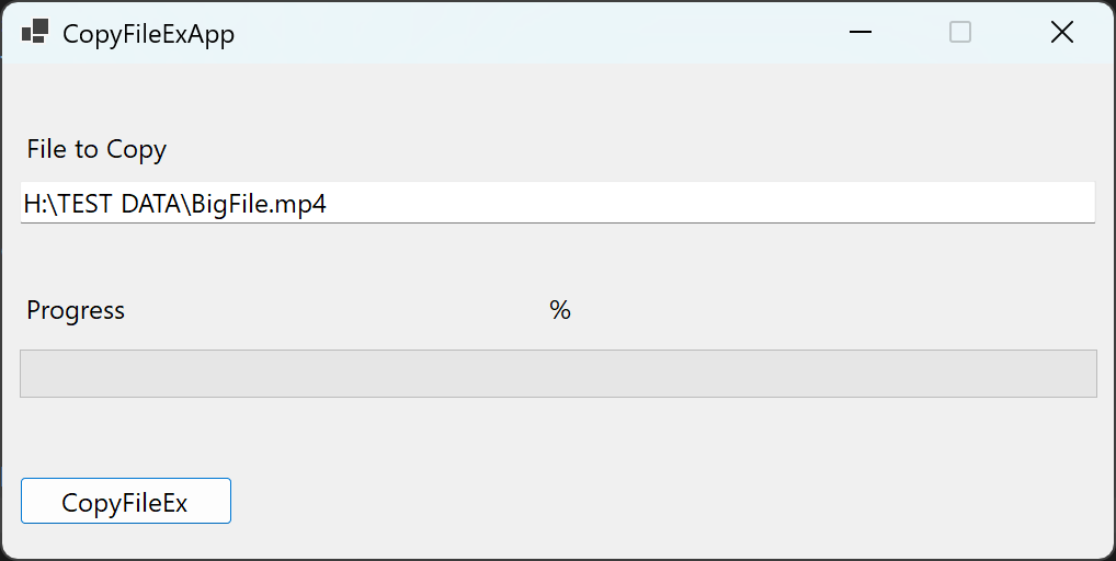WinForms screenshot of the app we will build to copy a file and report progress.